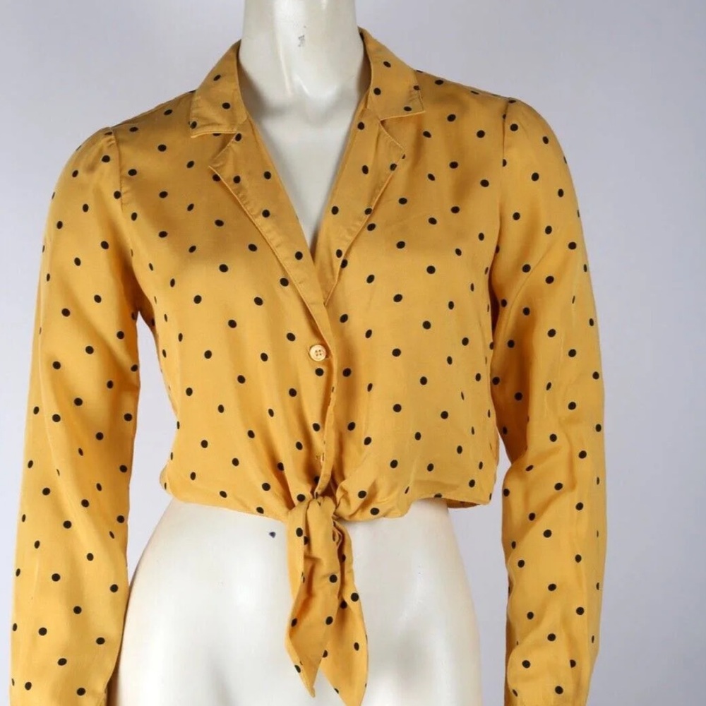Reformation Yellow Polka Dot Tie Up Crop Button Down Shirt Size M
